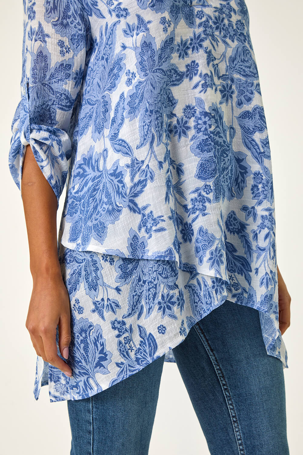 Blue Floral Print Wrap Hem Tunic Top, Image 6 of 5