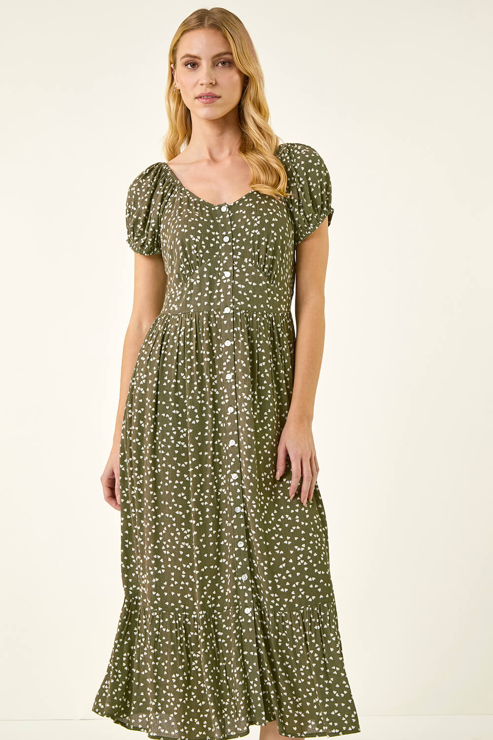 KHAKI Spotty Heart Button Midi Dress, Image 5 of 5