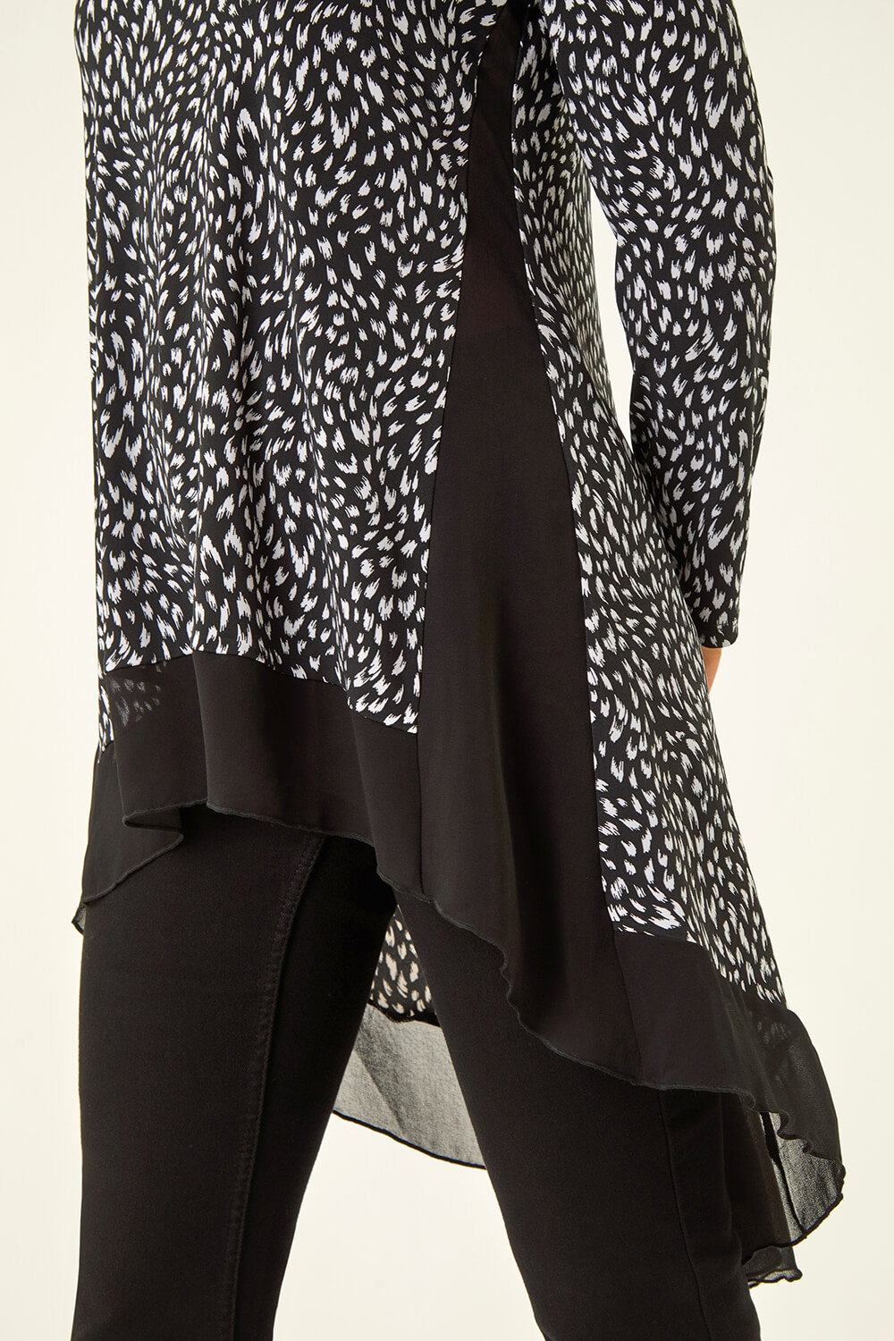 Black Spot Print Chiffon Hem Stretch Top, Image 6 of 5