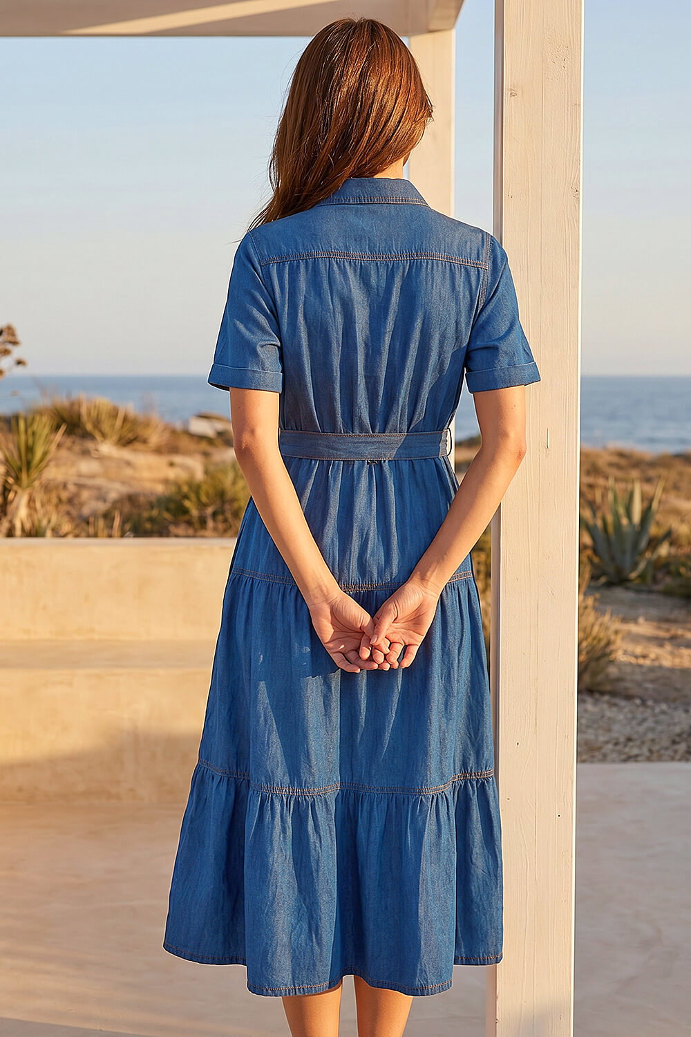 Denim Button Detail Tiered Midi Dress, Image 4 of 4
