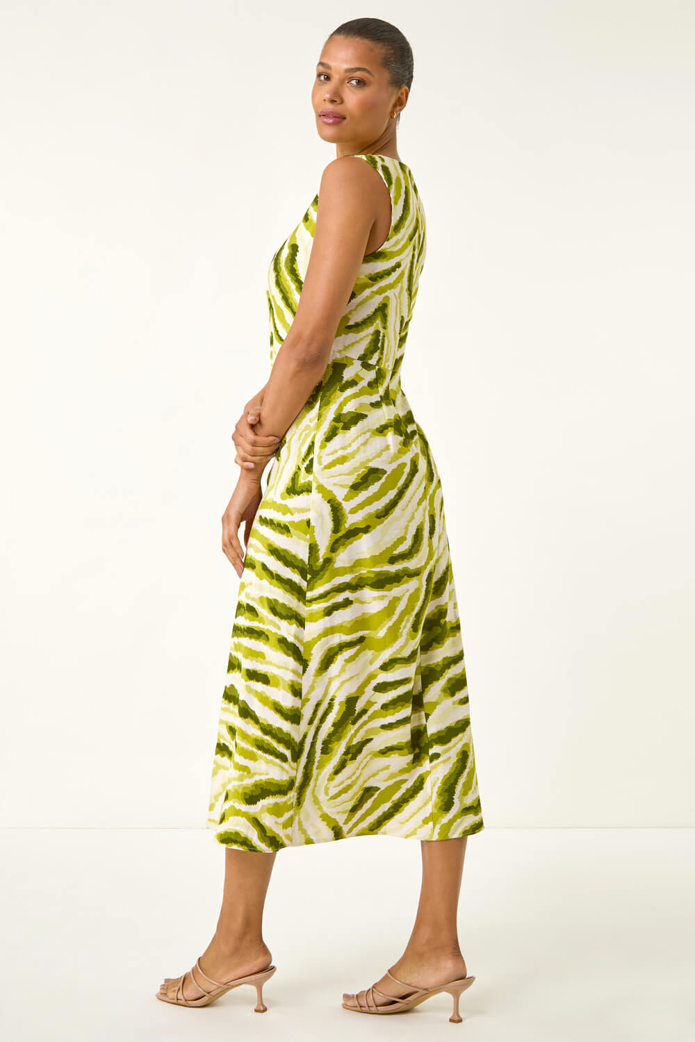 Green Abstract Side Pleat Midi Dress, Image 4 of 5