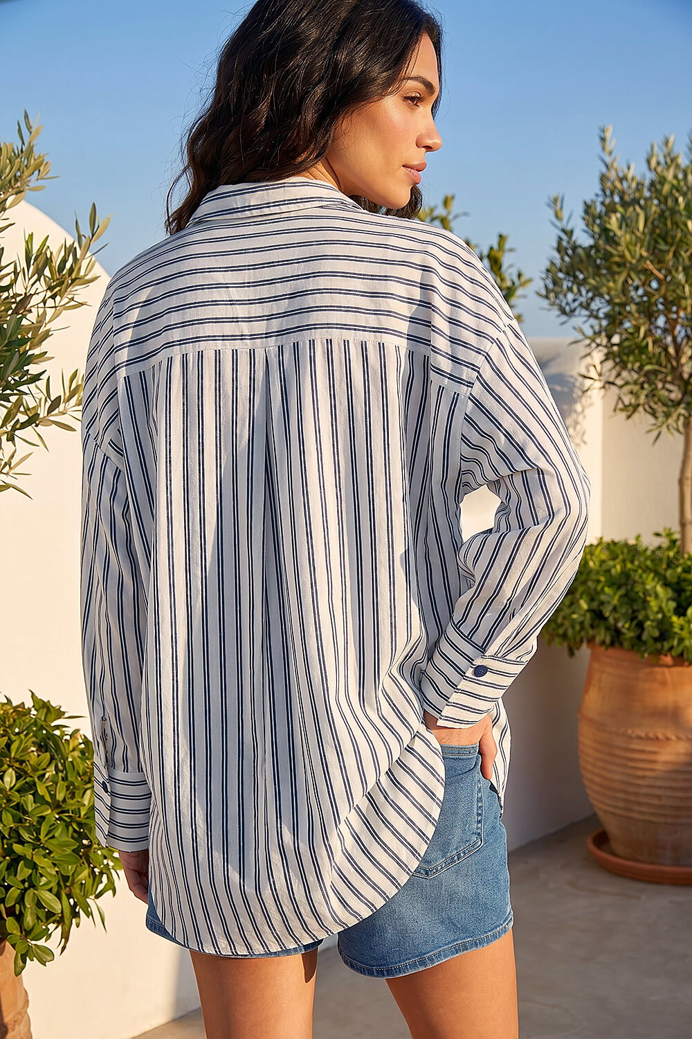 Navy Stripe Print Button Up Blouse, Image 4 of 4