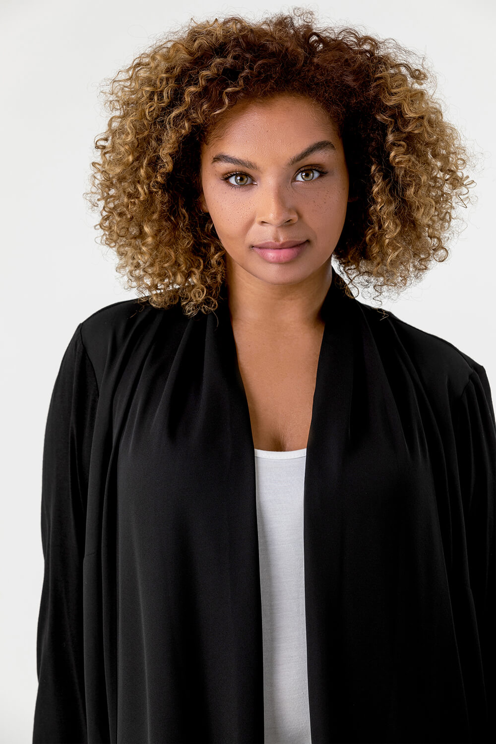 Black Curve Woven Front Jersey Cardigan, Image 5 of 4
