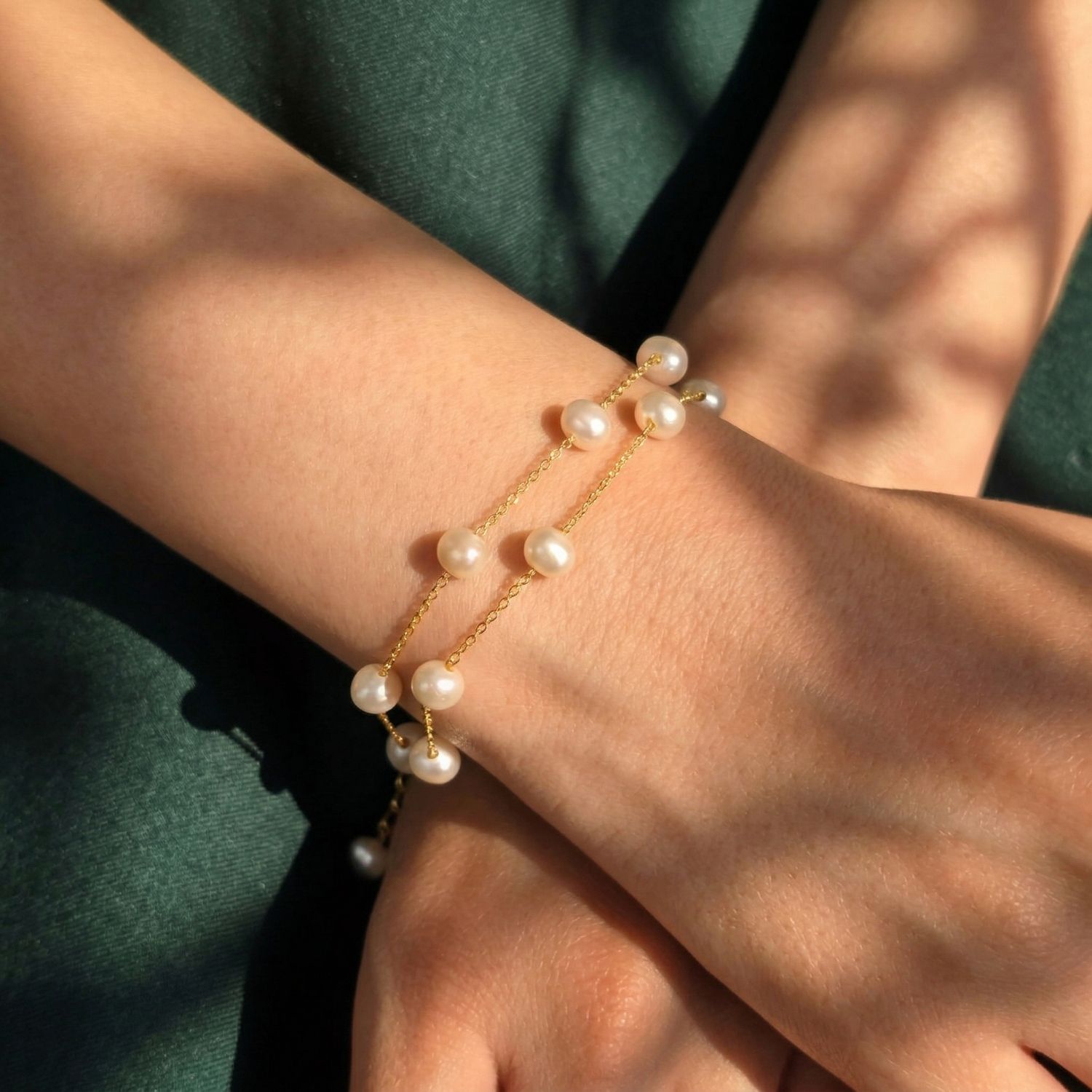 Gold Freshwater Pearl Double Chain Wedding Bracelet Gift, Image 2 of 4