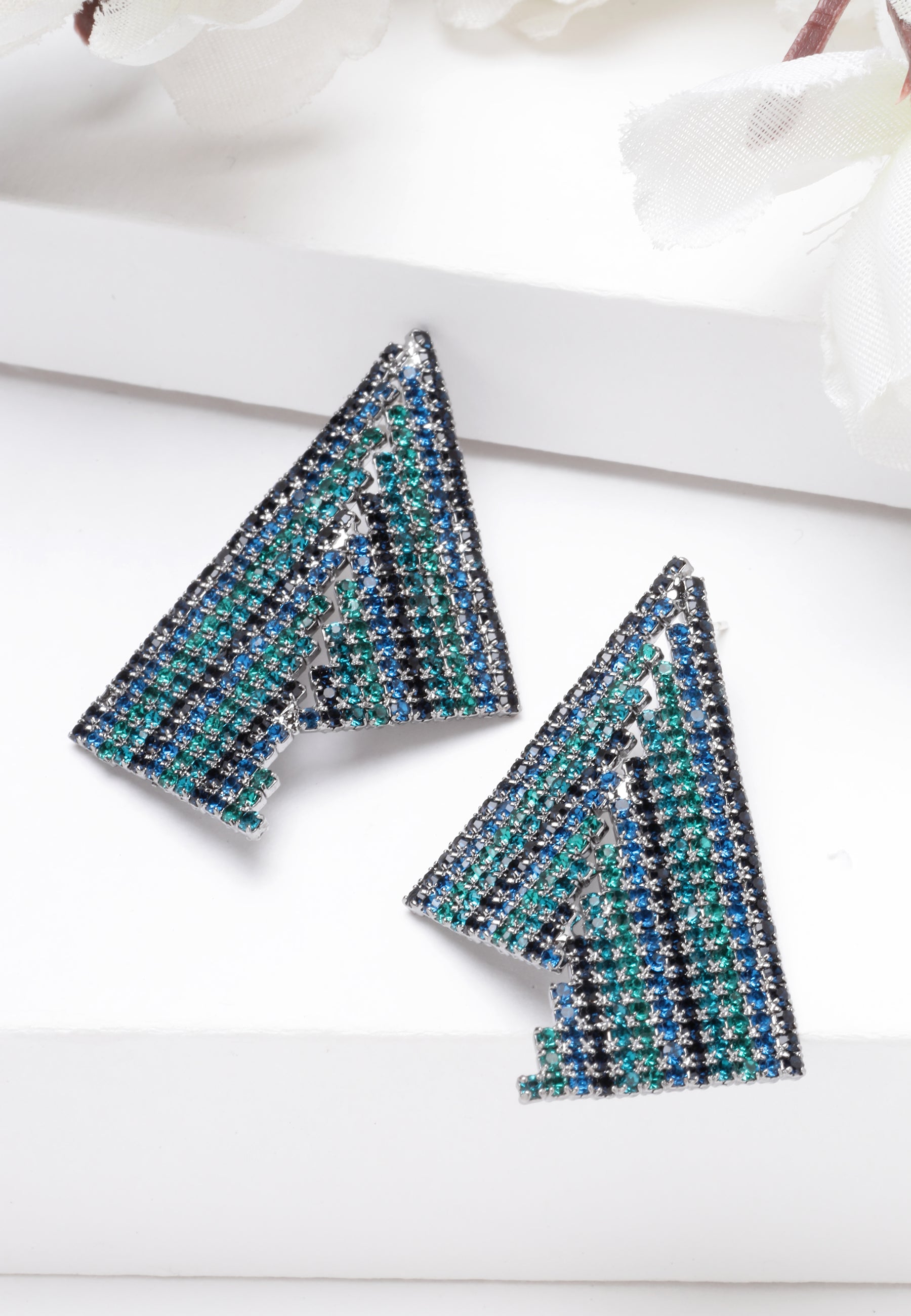 Blue Asymmetrical Triangle Blue Crystal Earrings, Image 2 of 5