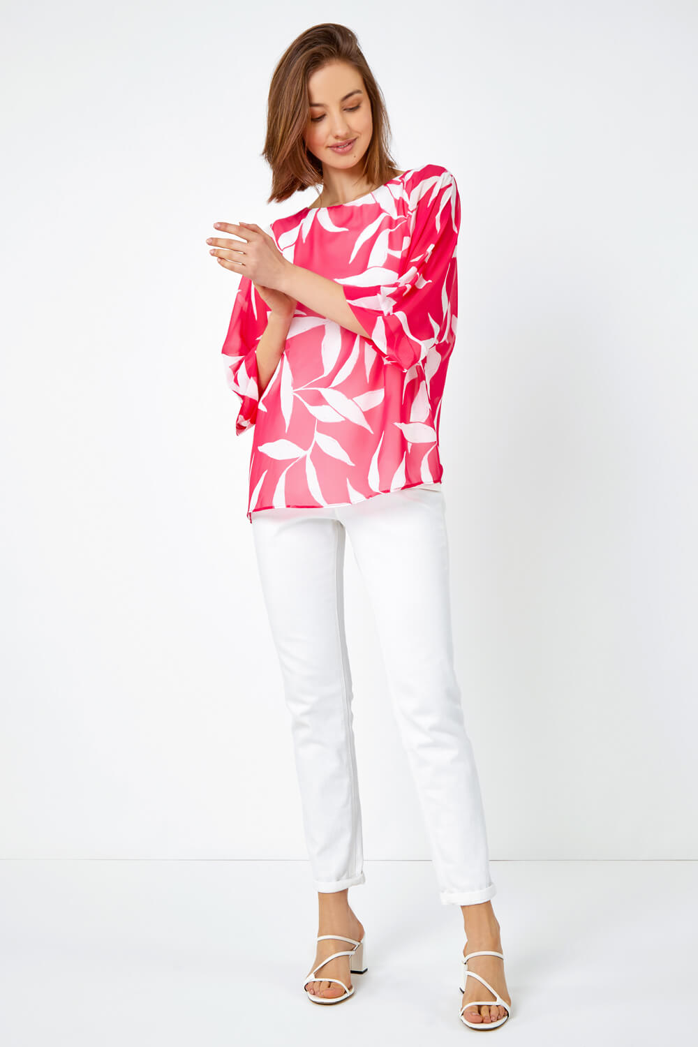 CERISE Leaf Print Chiffon Overlay Top, Image 3 of 5