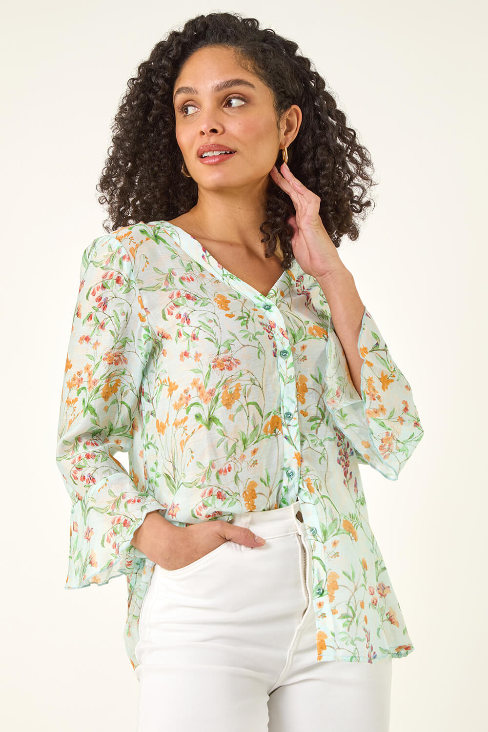 Roman Women's Light Blue Floral Flare Sleeve Button Up Blouse Size 18