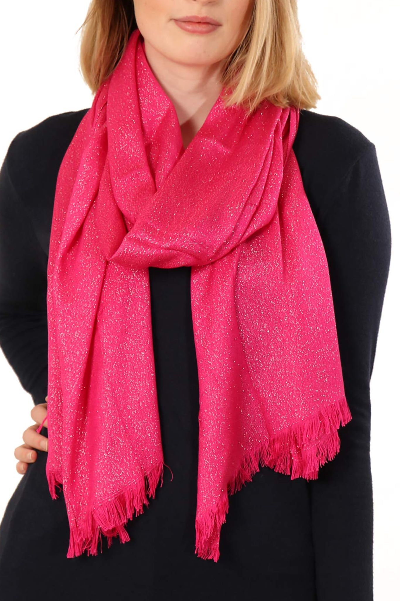 Fuchsia Plain Glitter Lightweight Evening Scarf, Image 2 of 2