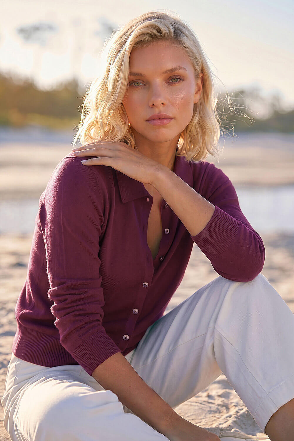 Plum Petite Collar Cardigan, Image 1 of 4