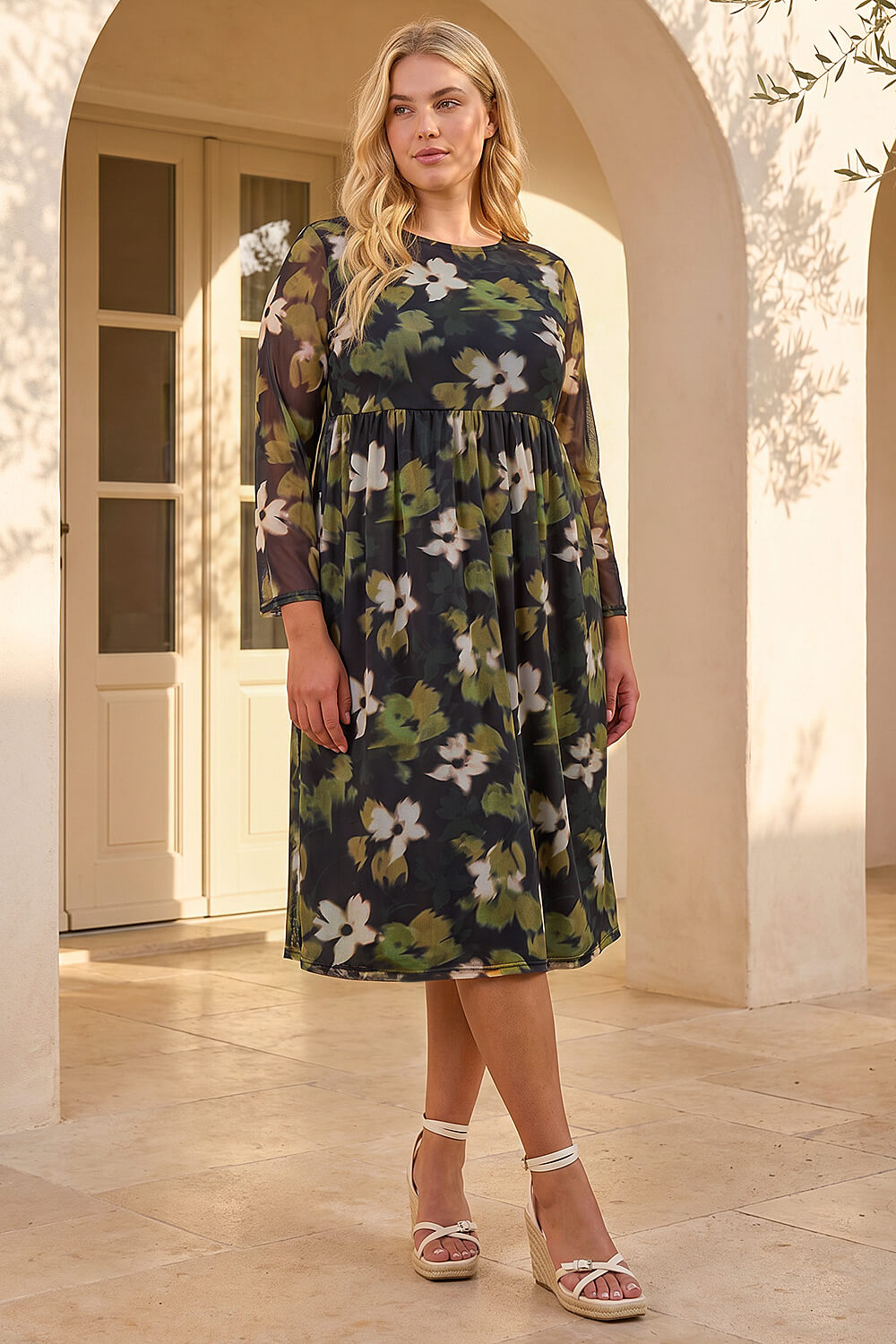 Green Curve Floral Print Mesh Midi Dress, Image 3 of 4