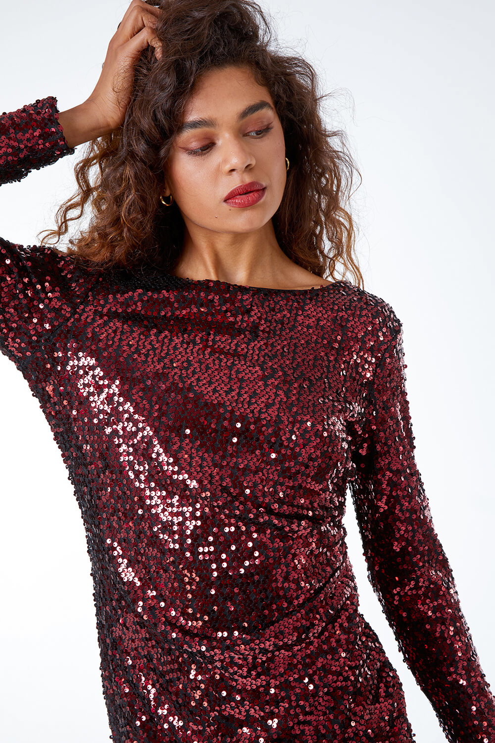 Burgundy Ruched Waist Sequin Dress, Image 5 of 5
