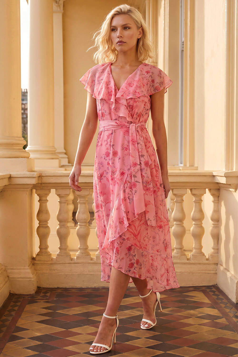 Coral Petite Floral Frill Midi Dress, Image 4 of 4
