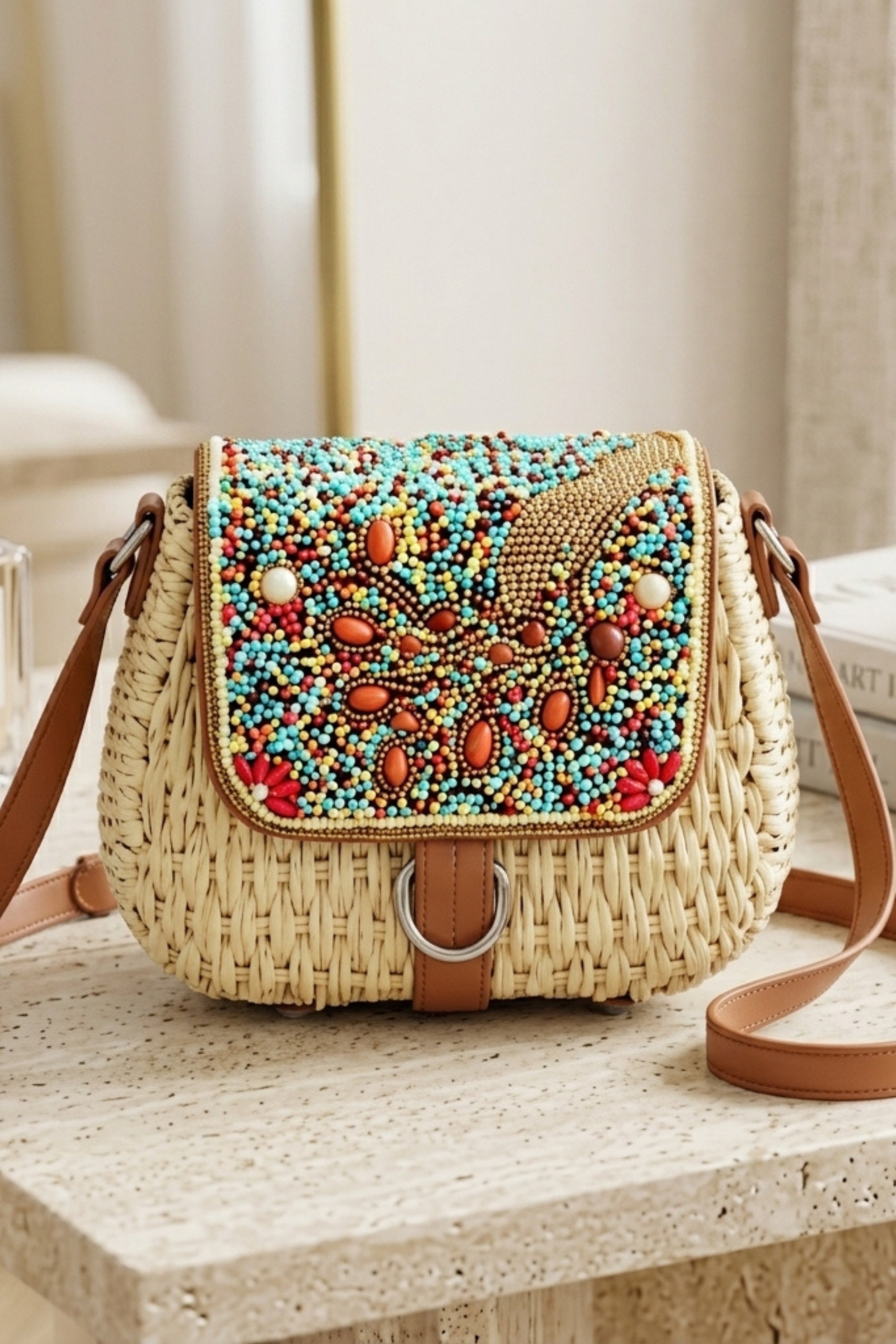Beige Woven Beaded Flap Crossbody Bag - Wyaba, Image 1 of 3