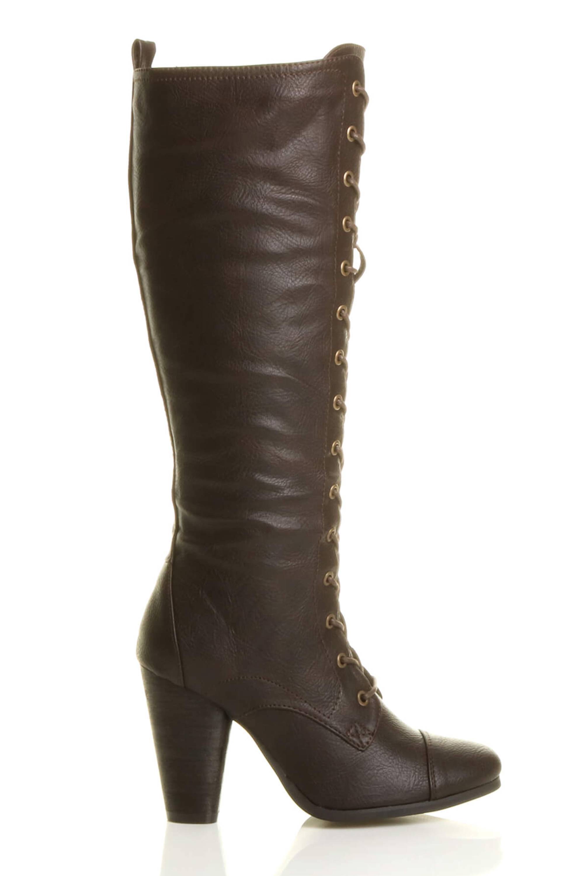 Brown AJVANI Brown High Heel Lace Up Victorian Style Knee High Boots, Image 5 of 6
