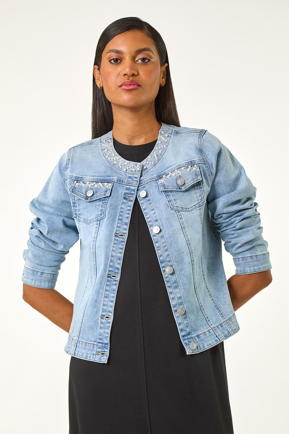 Light Denim Pearl Detail Collarless Jacket | Roman UK