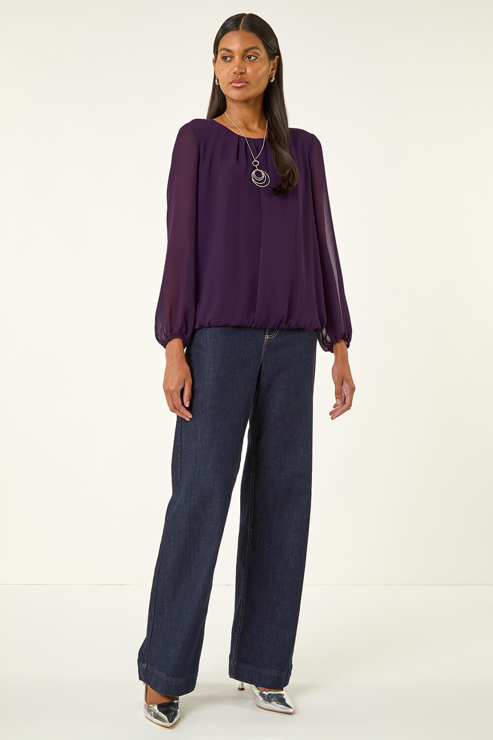 Purple Pleated Chiffon Necklace Top, Image 3 of 5