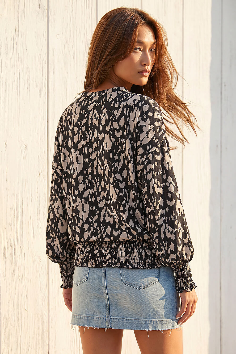 Beige Abstract Print Shirred Hem Top, Image 4 of 4