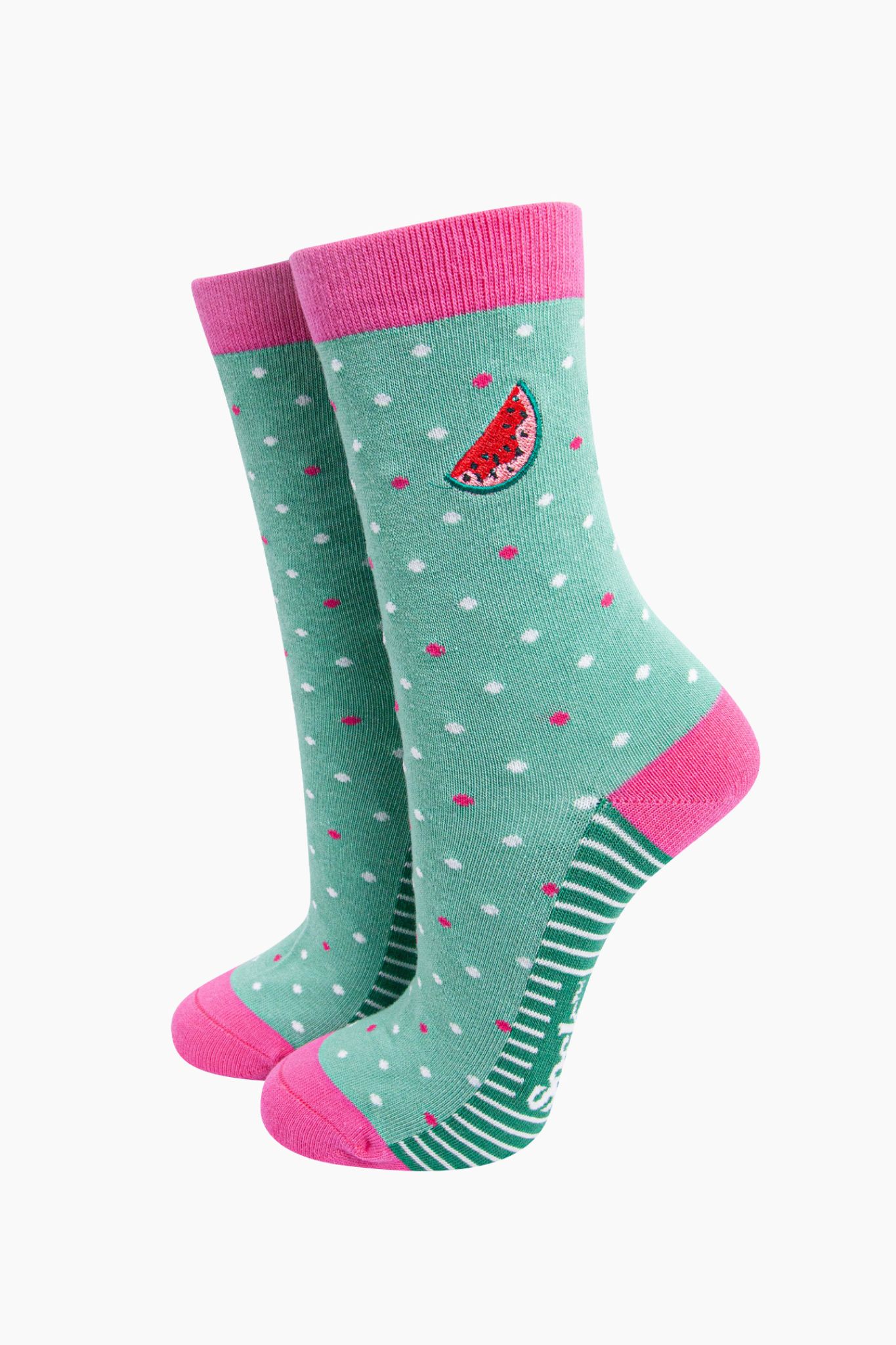 Mint Embroidered Watermelon Combed Cotton Socks, Image 1 of 4