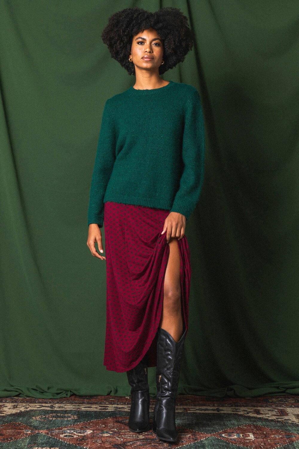 Burgundy Ditsy Floral Print Stretch Midi Skirt, Image 7 of 7