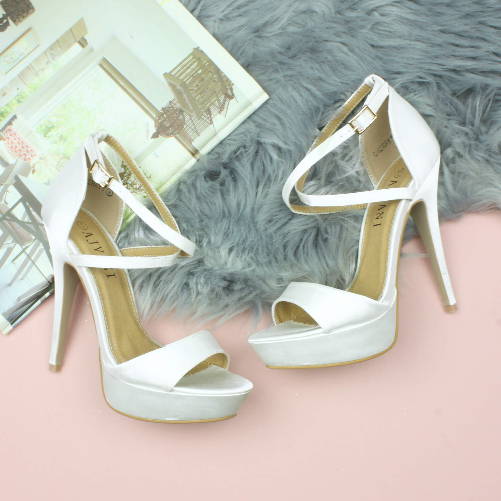 White AJVANI White High Heel Crossed Straps Platform Sandals, Image 4 of 6