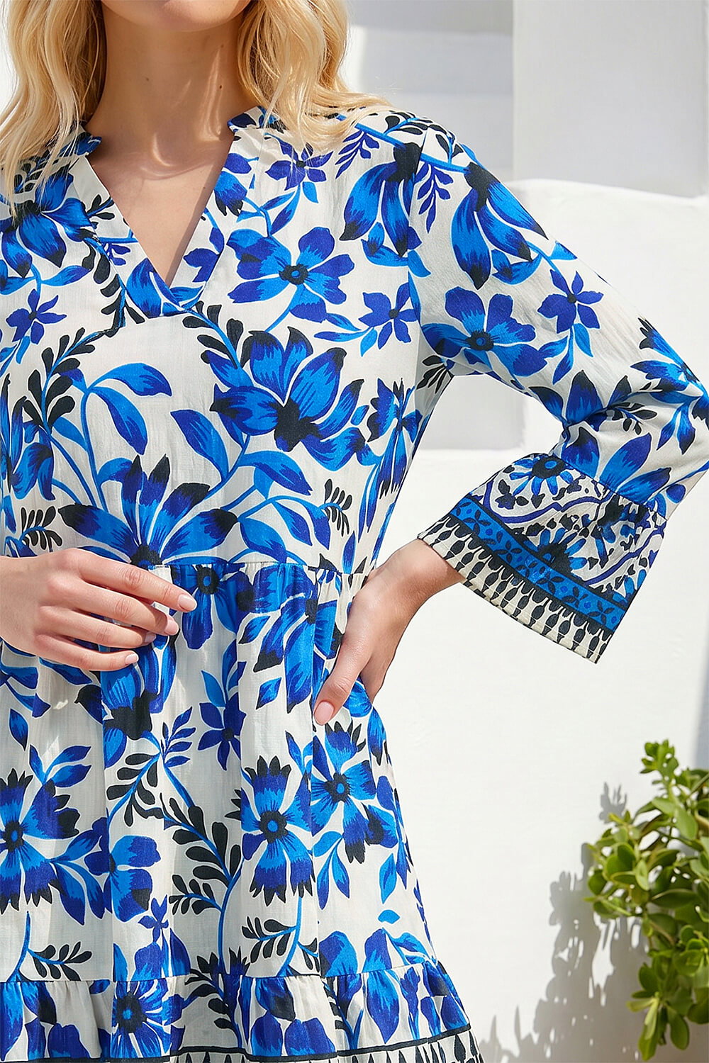 Blue Floral Print Border Tunic Dress, Image 5 of 4