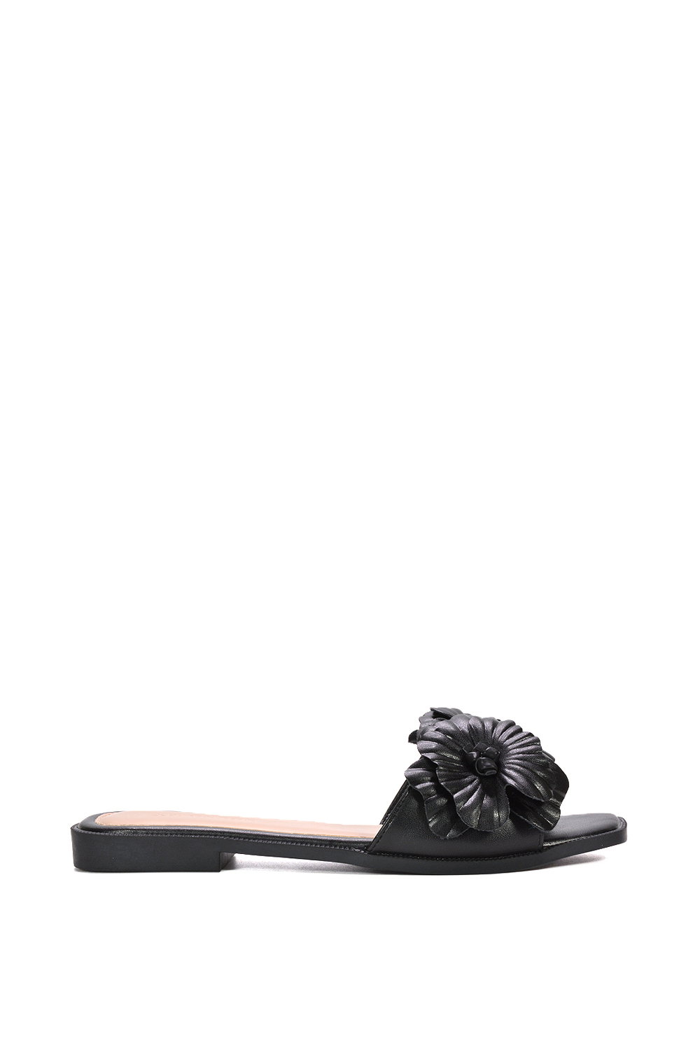 Black Flat Slip On Slider Sandals With Floral Detail