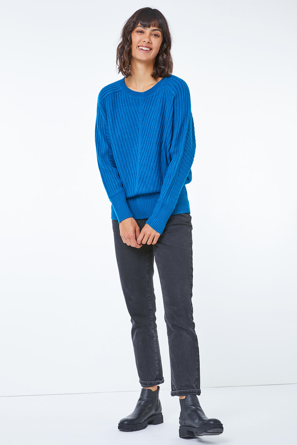 Teal Ribbed Geometric Print Batwing Jumper, Image 5 of 5
