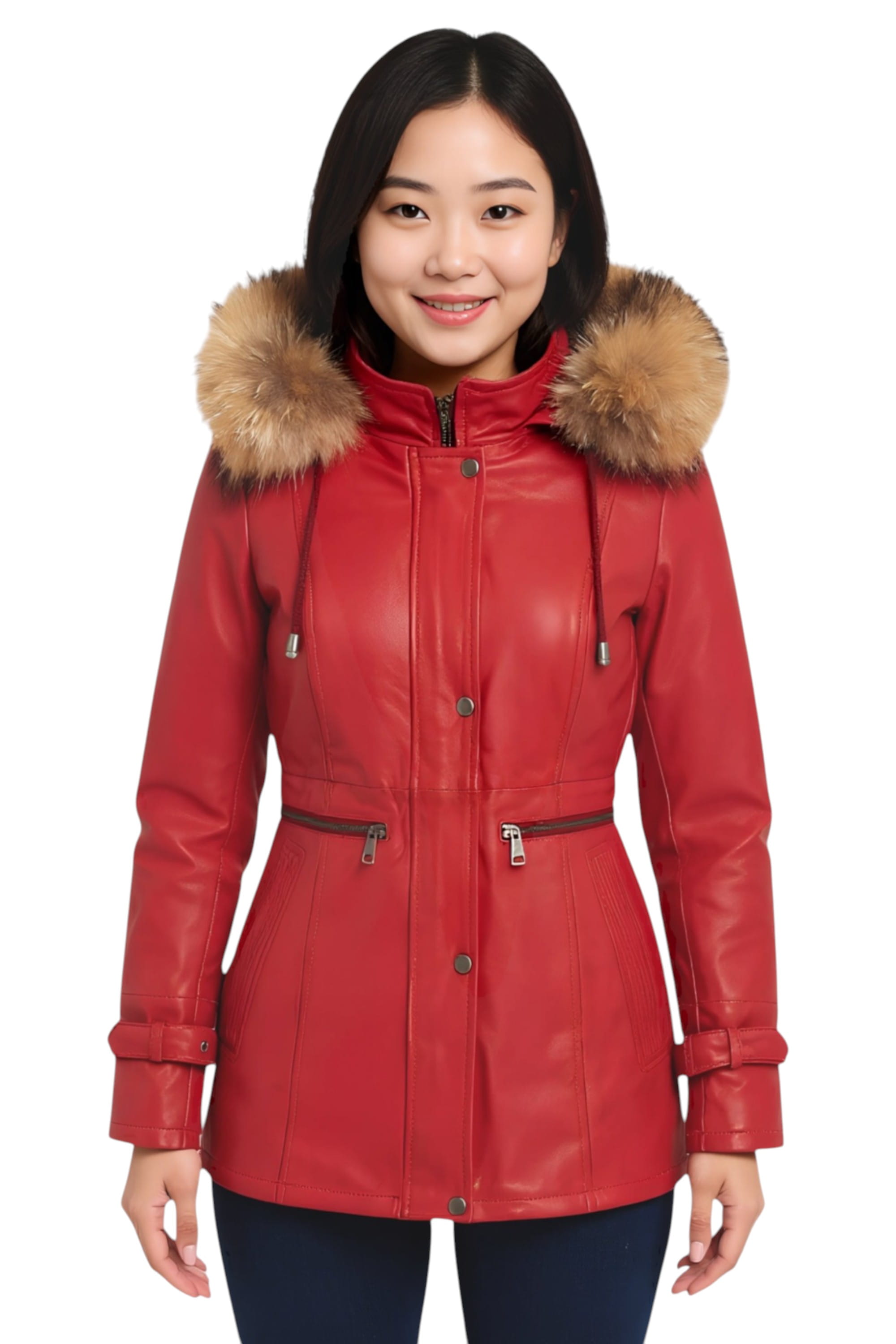 Red Leather Hooded Parka Jacket-Charleville, Image 1 of 5