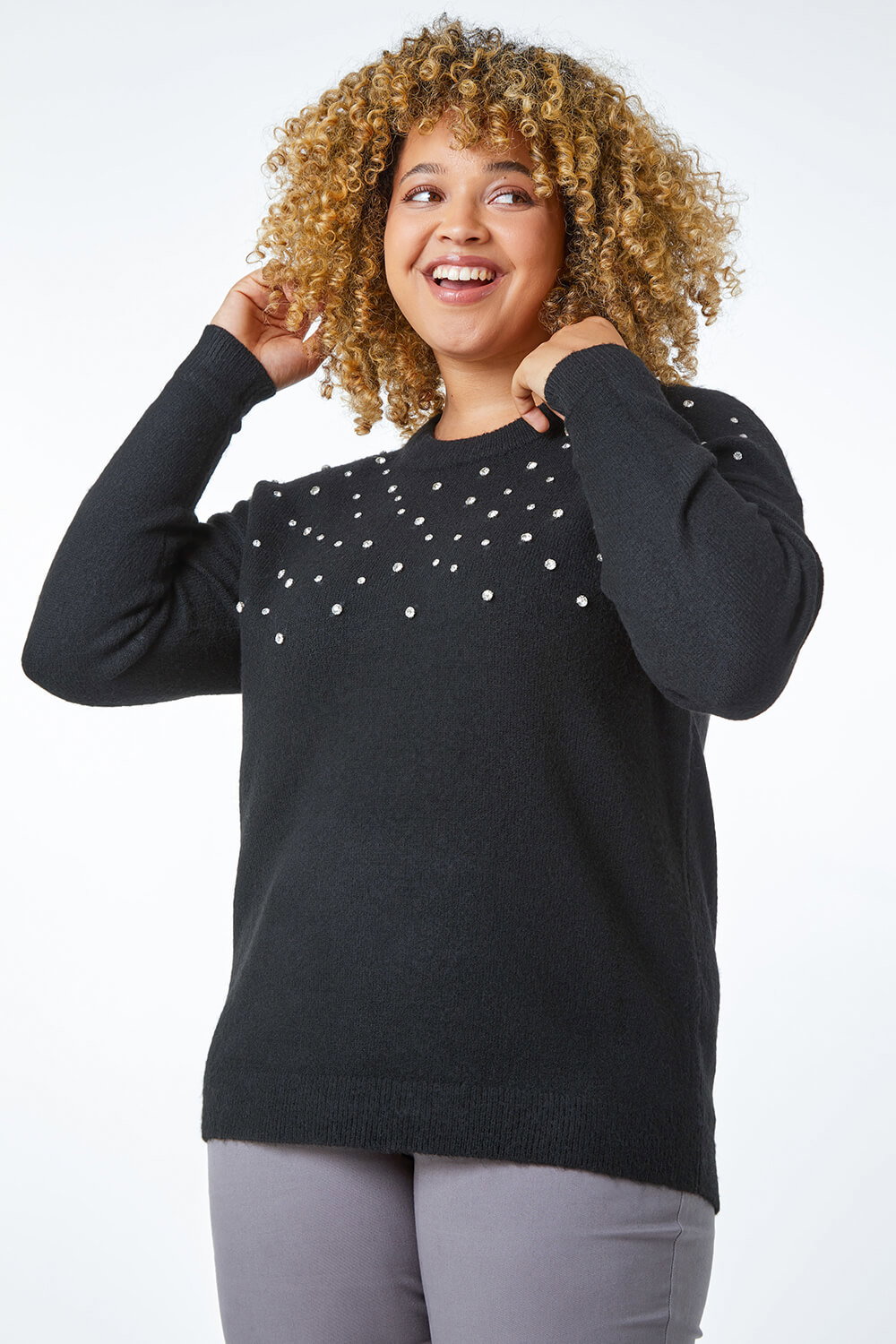 Black Curve Diamante Embellished Jumper, Image 3 of 5