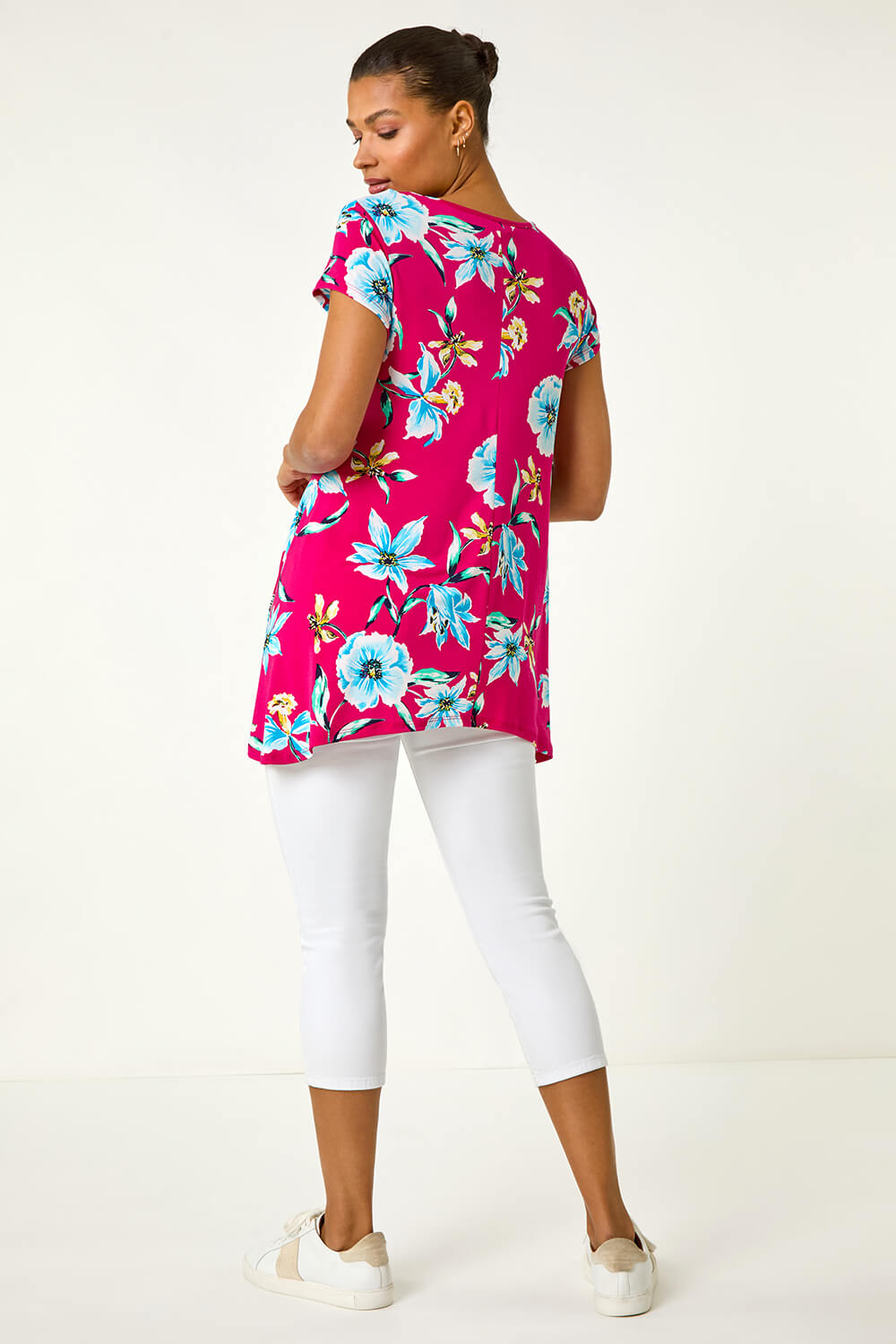 Fuchsia Floral Print Hanky Hem Stretch Tunic Top, Image 4 of 5