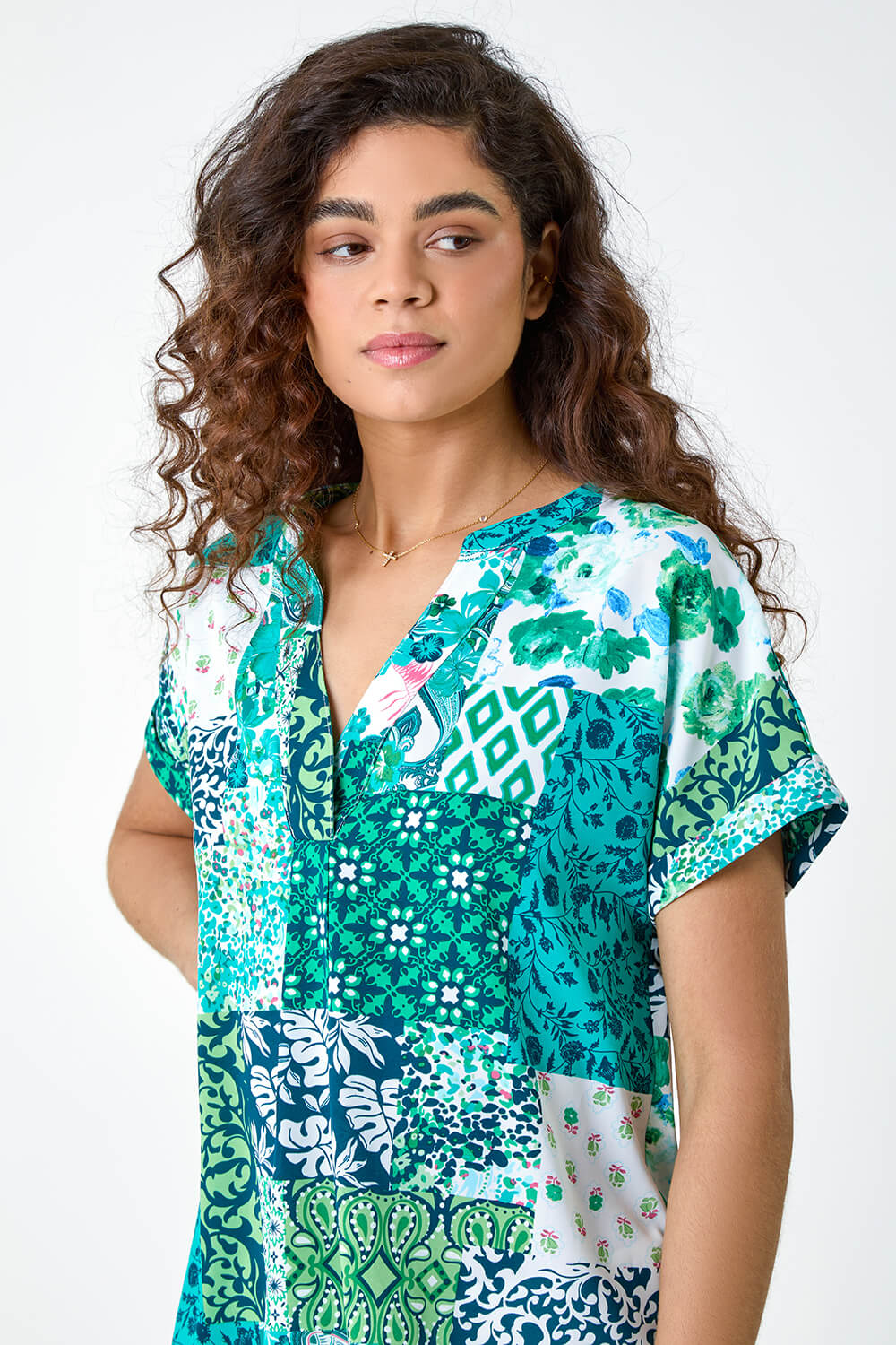 Green Patchwork Print Woven V-Neck Pleat Front Top, Image 5 of 5