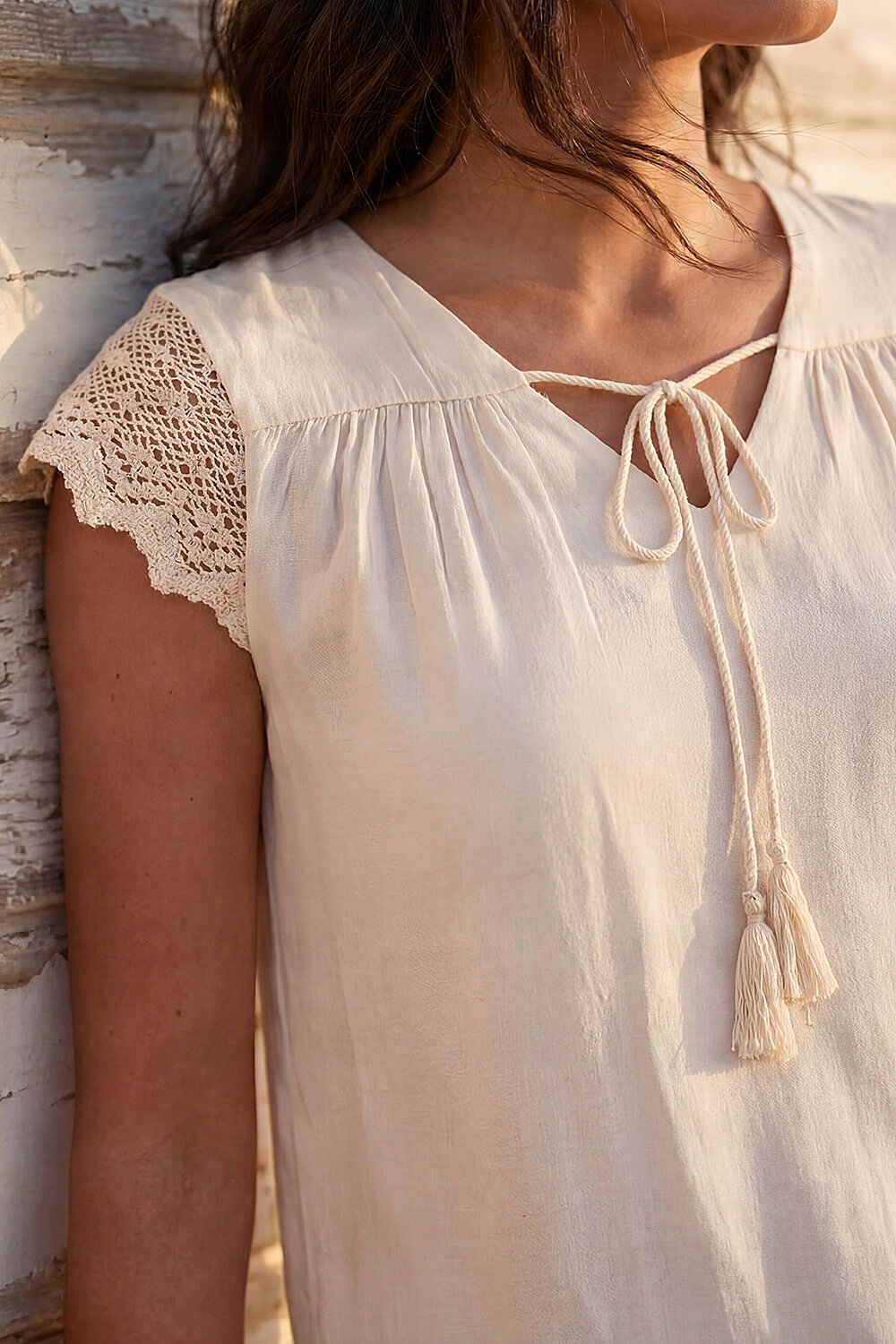 Cream Satin Crochet Tie Front Tunic Top, Image 5 of 4