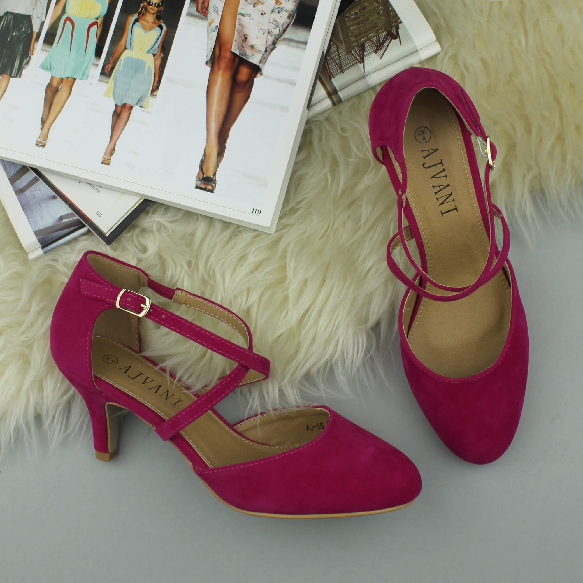 Fuchsia AJVANI Fuchsia Mid Heel Crossed Straps Court Shoes, Image 4 of 6