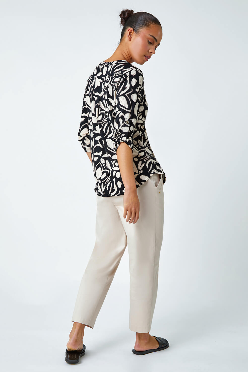 Black Petite Floral Stretch Button Detail Shirt, Image 4 of 5