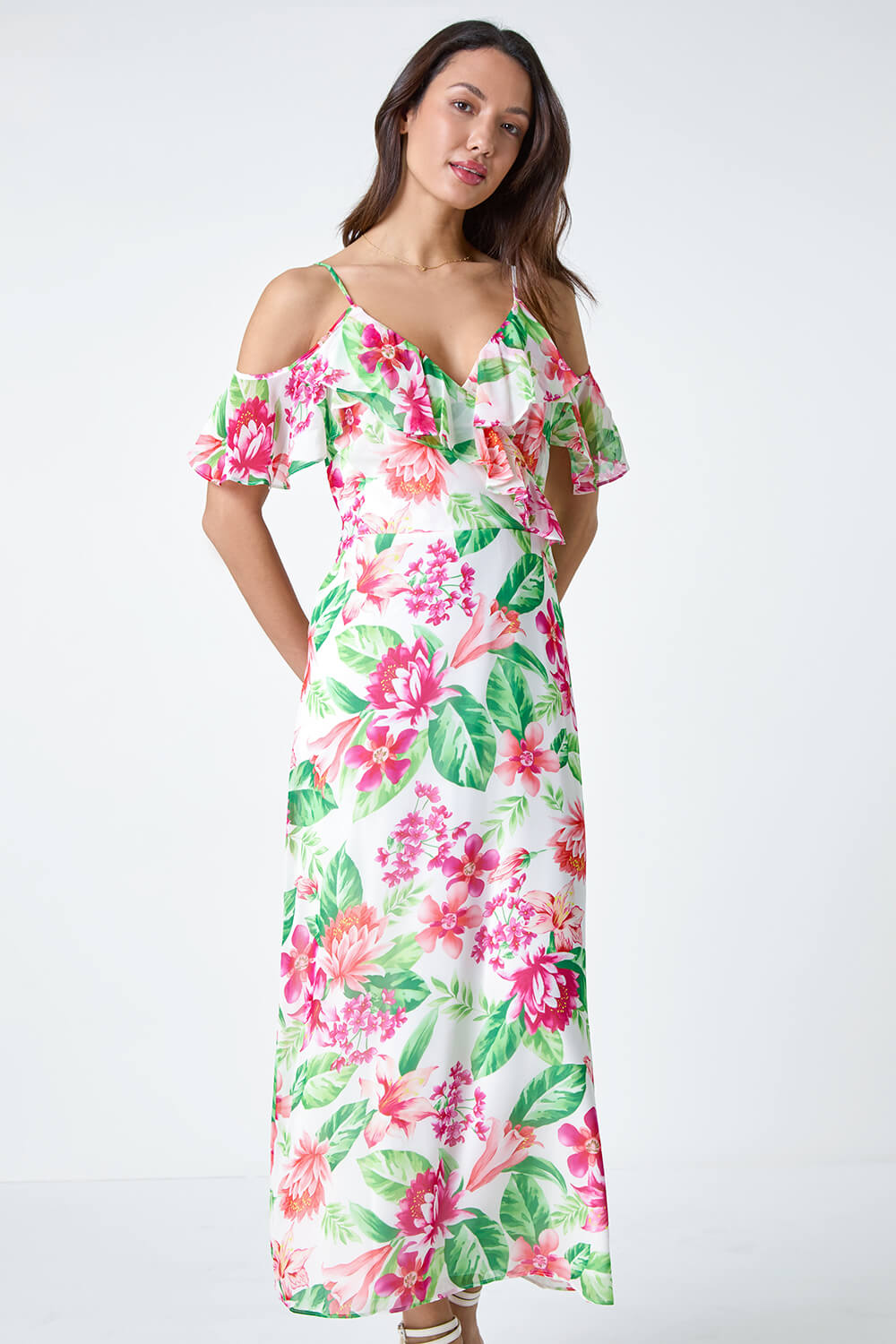 Ivory Floral Print Cold Shoulder Chiffon Midi Dress, Image 5 of 5