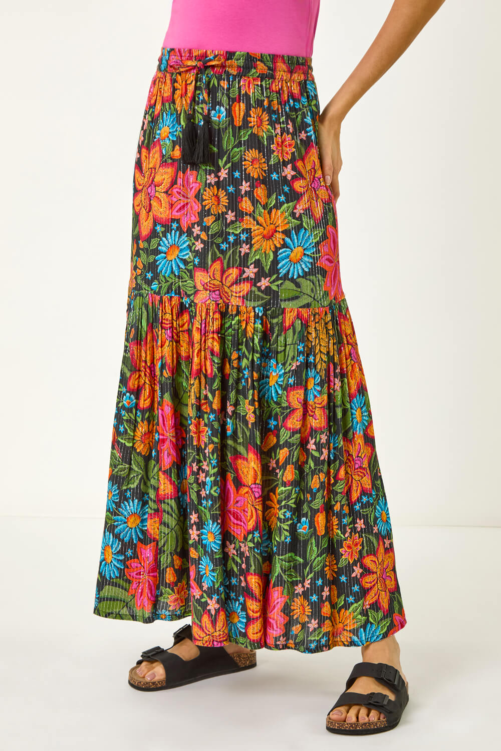Black Floral Print Tiered A-Line Skirt, Image 1 of 7
