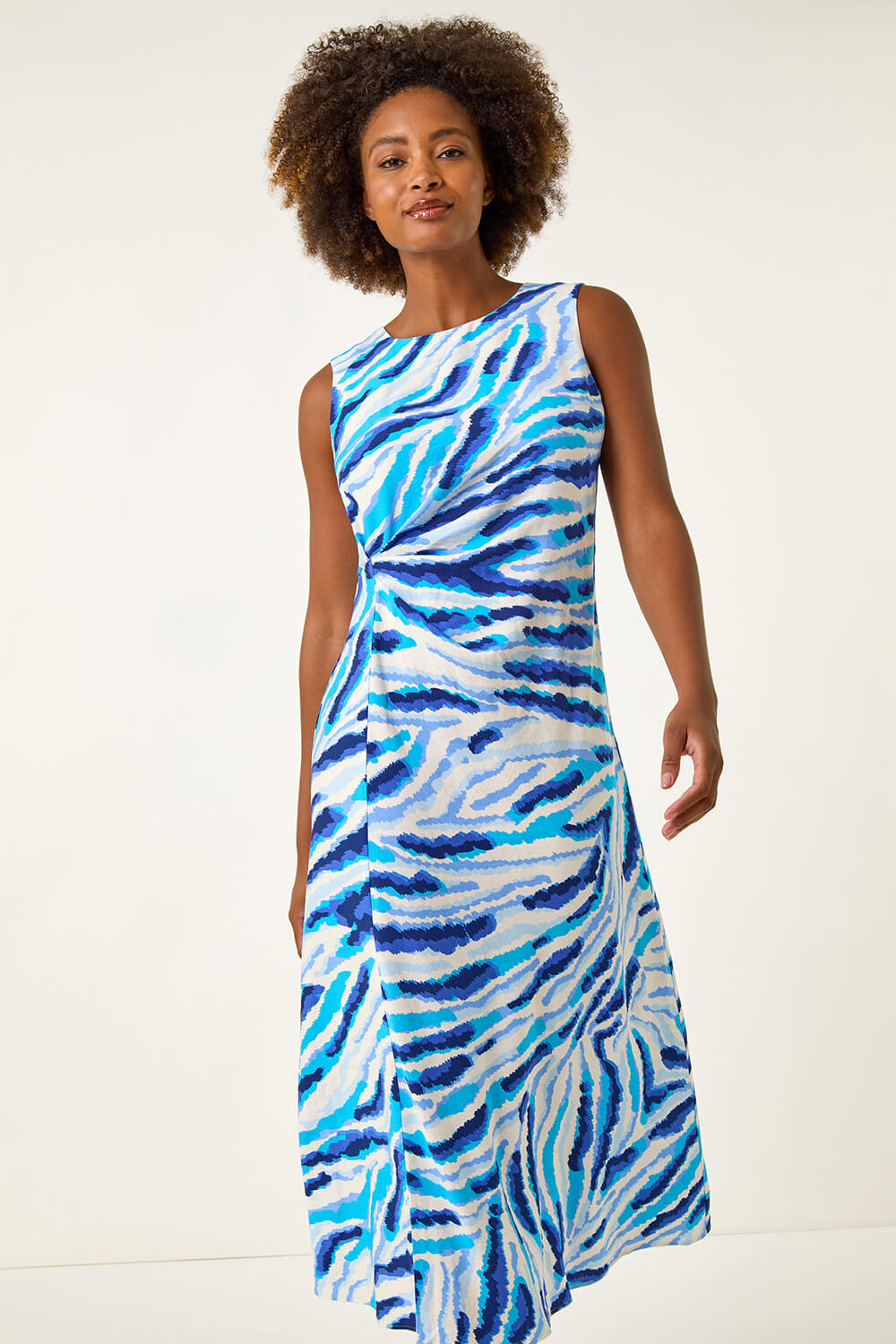 Roman Women's Blue Abstract Side Pleat Midi Dress Size 16