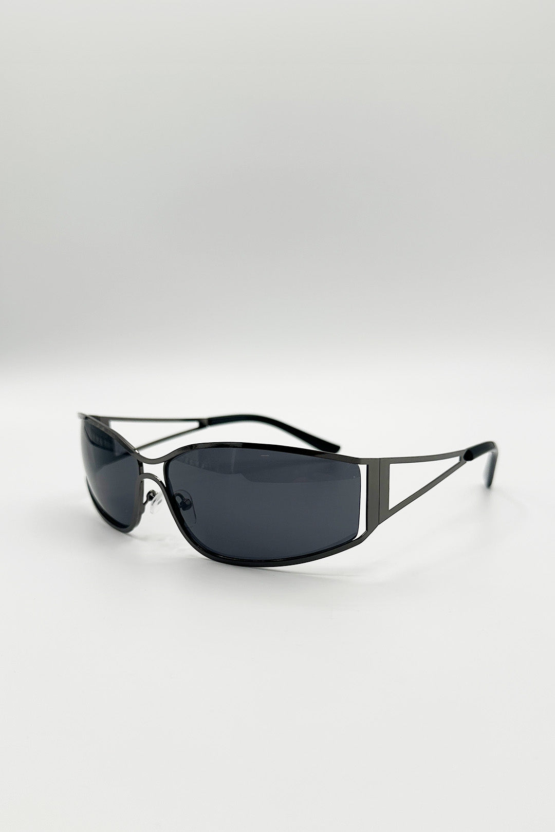 Black Retangle Wrap Around Metal Sunglasses In Gun Metal, Image 3 of 5