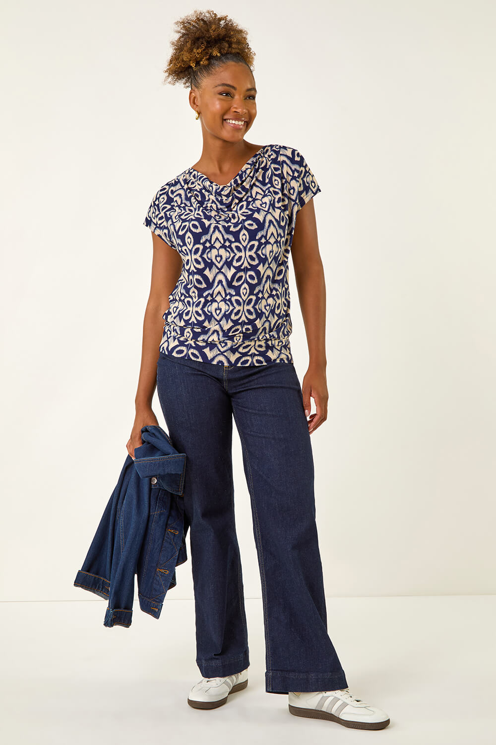 Navy Geo Print Cowl Neck Stretch Top, Image 1 of 5