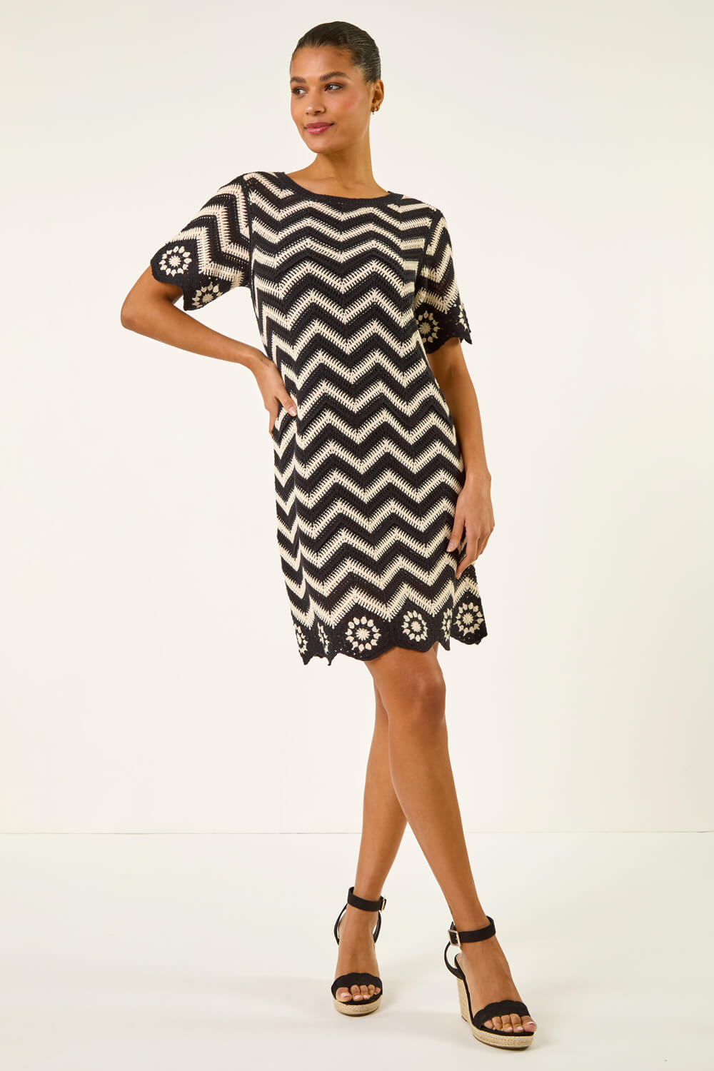 Black Zig Zag Crochet Shift Dress, Image 1 of 4