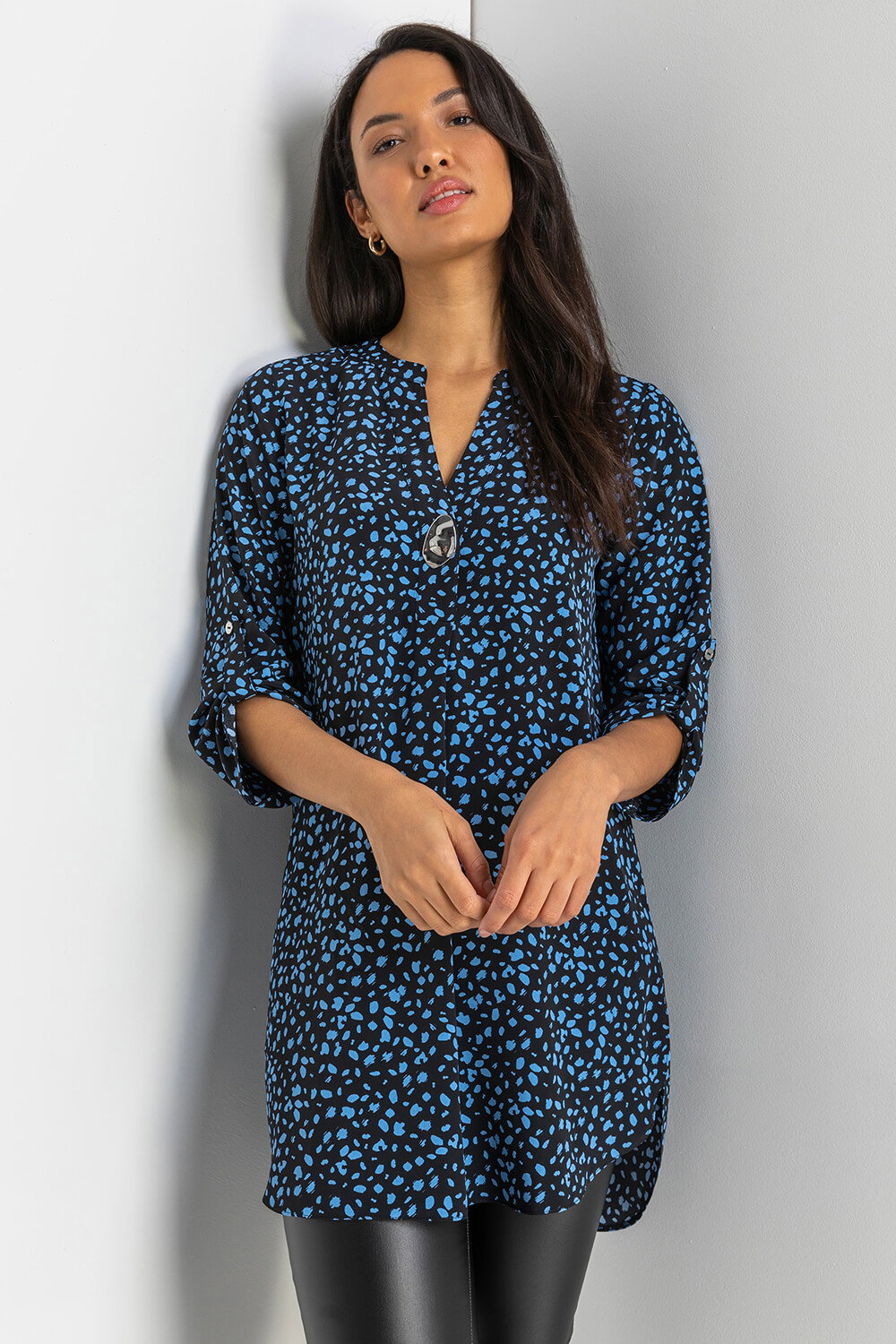 Blue Abstract Print 3/4 Sleeve Longline Top, Image 1 of 5
