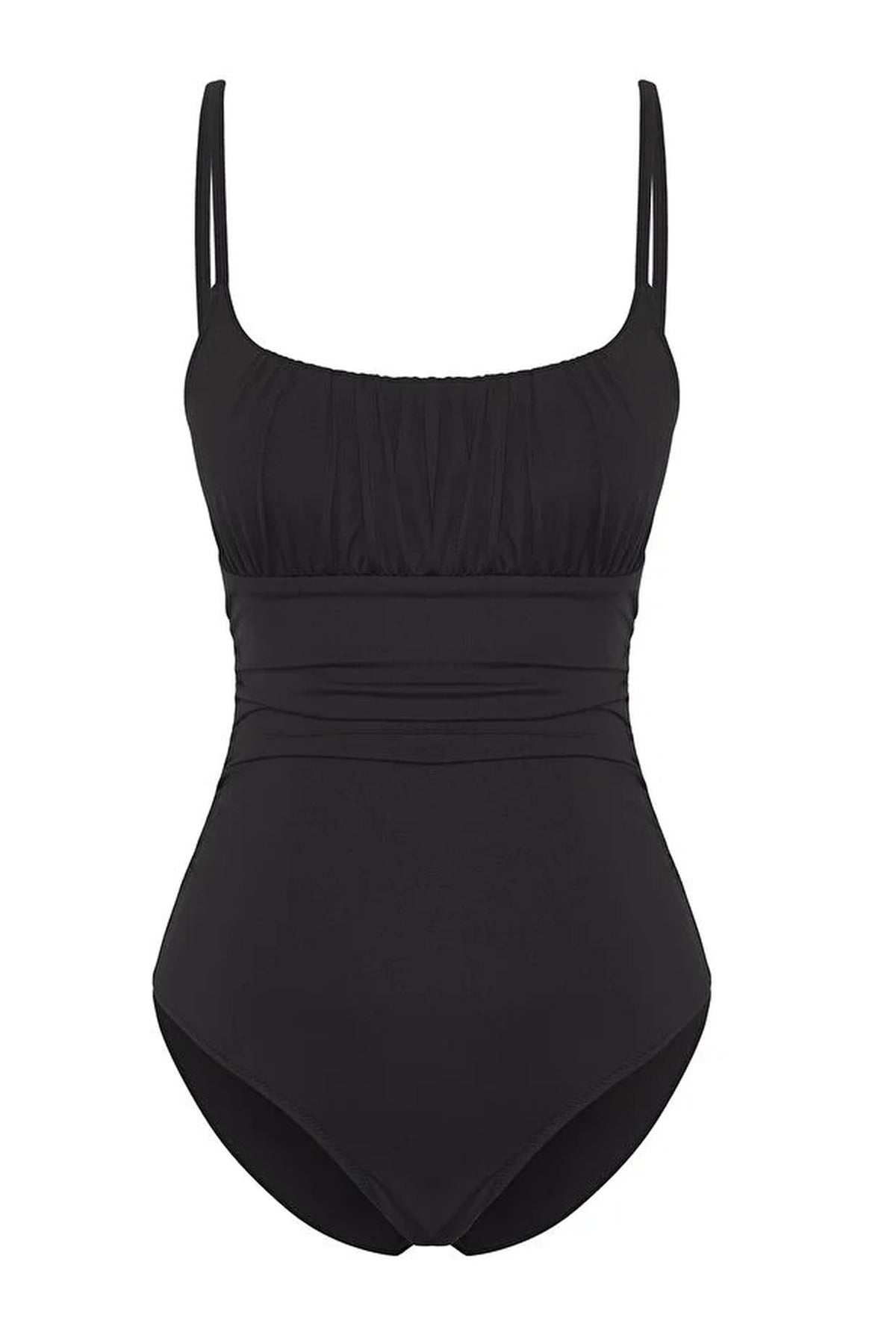 Black Strappy Square Neck Ruched Waist Swimsuit, Image 2 of 4