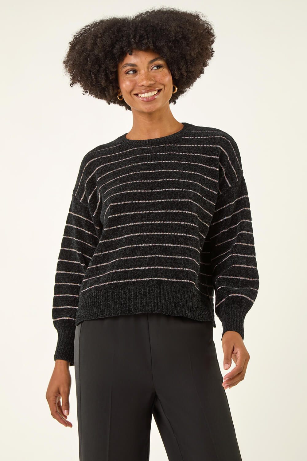 Black Fluffy Stripe Knit Jumper, Image 1 of 5