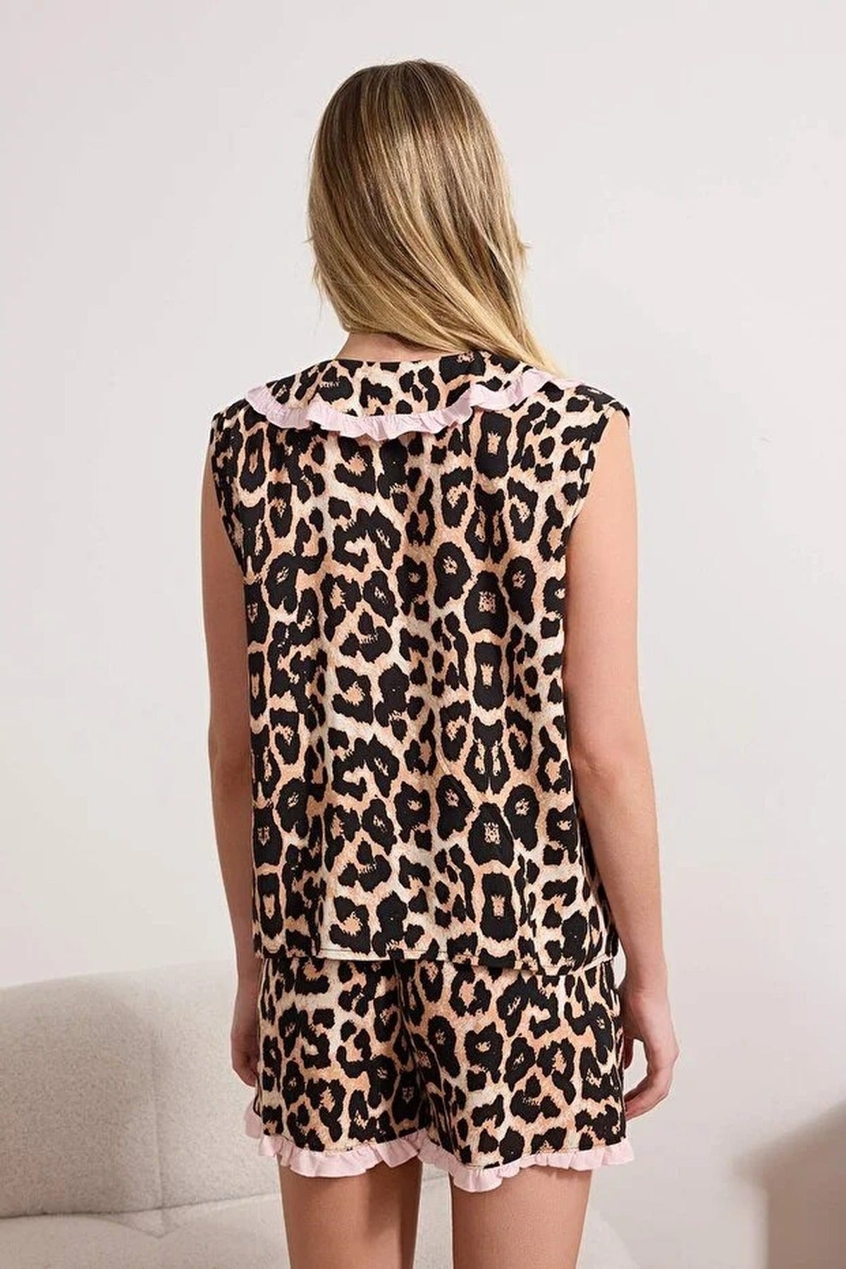 Multi WOVCOR Multi Leopard Print Ruffle Trim Sleeveless Viscose Woven Pyjama Set, Image 2 of 3