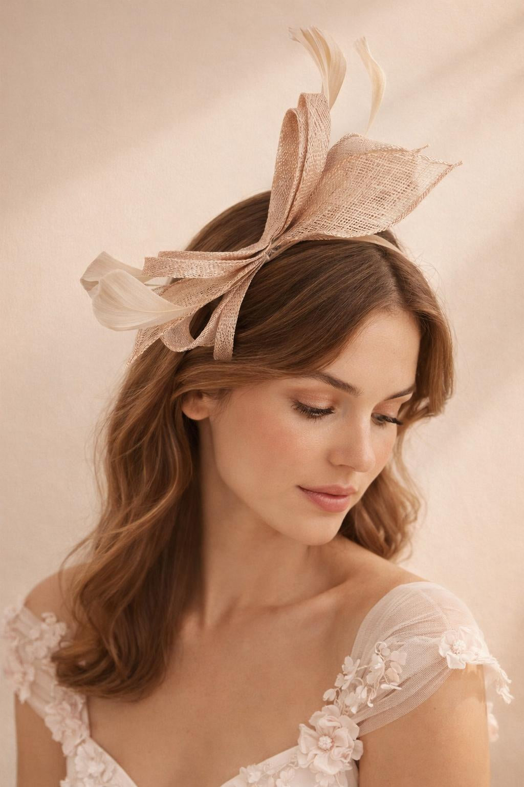 Pink Bow Shaped Fascinator With Sinamay Curls & Feathers