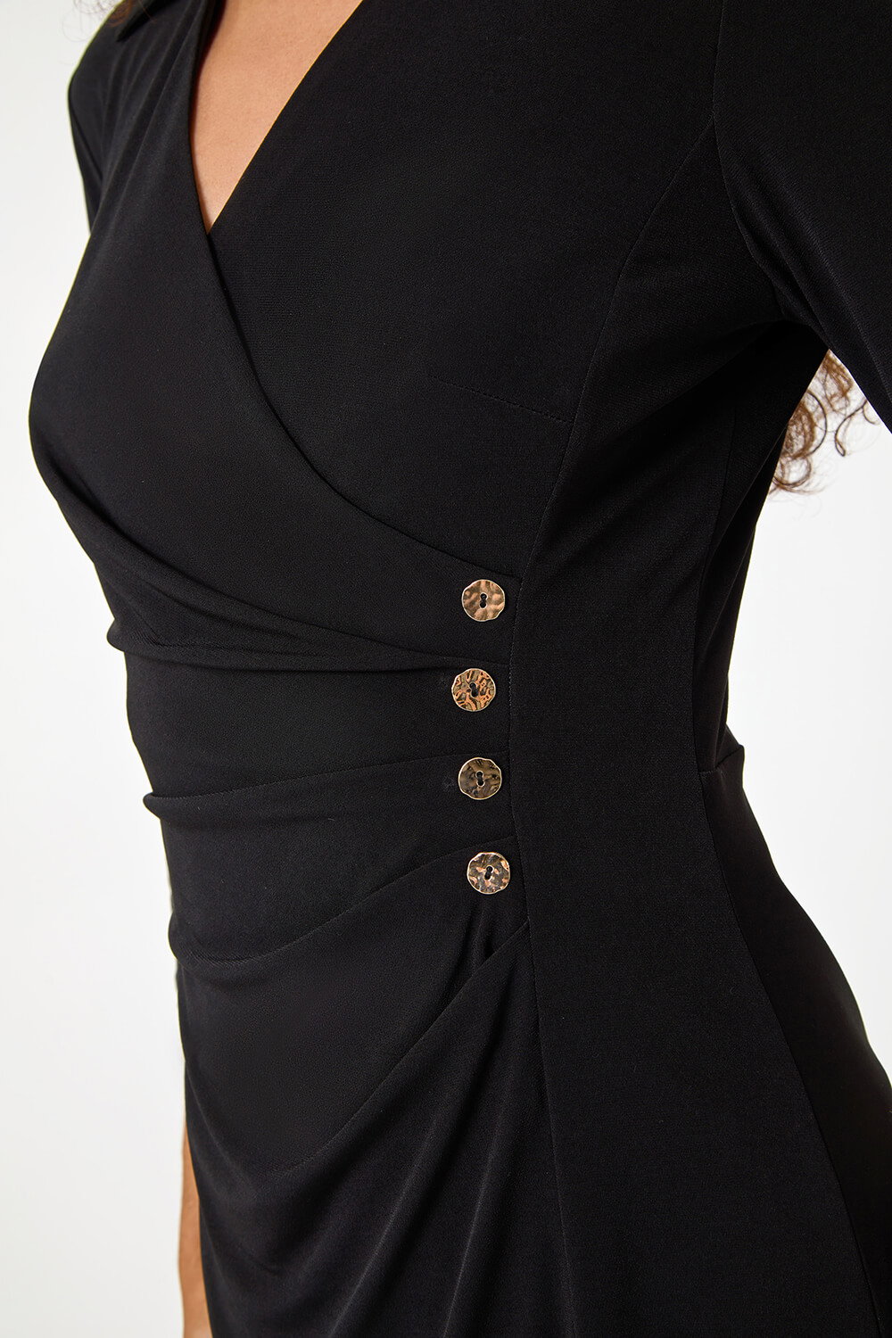 Black Ruched Button Stretch Midi Shirt Dress, Image 6 of 5