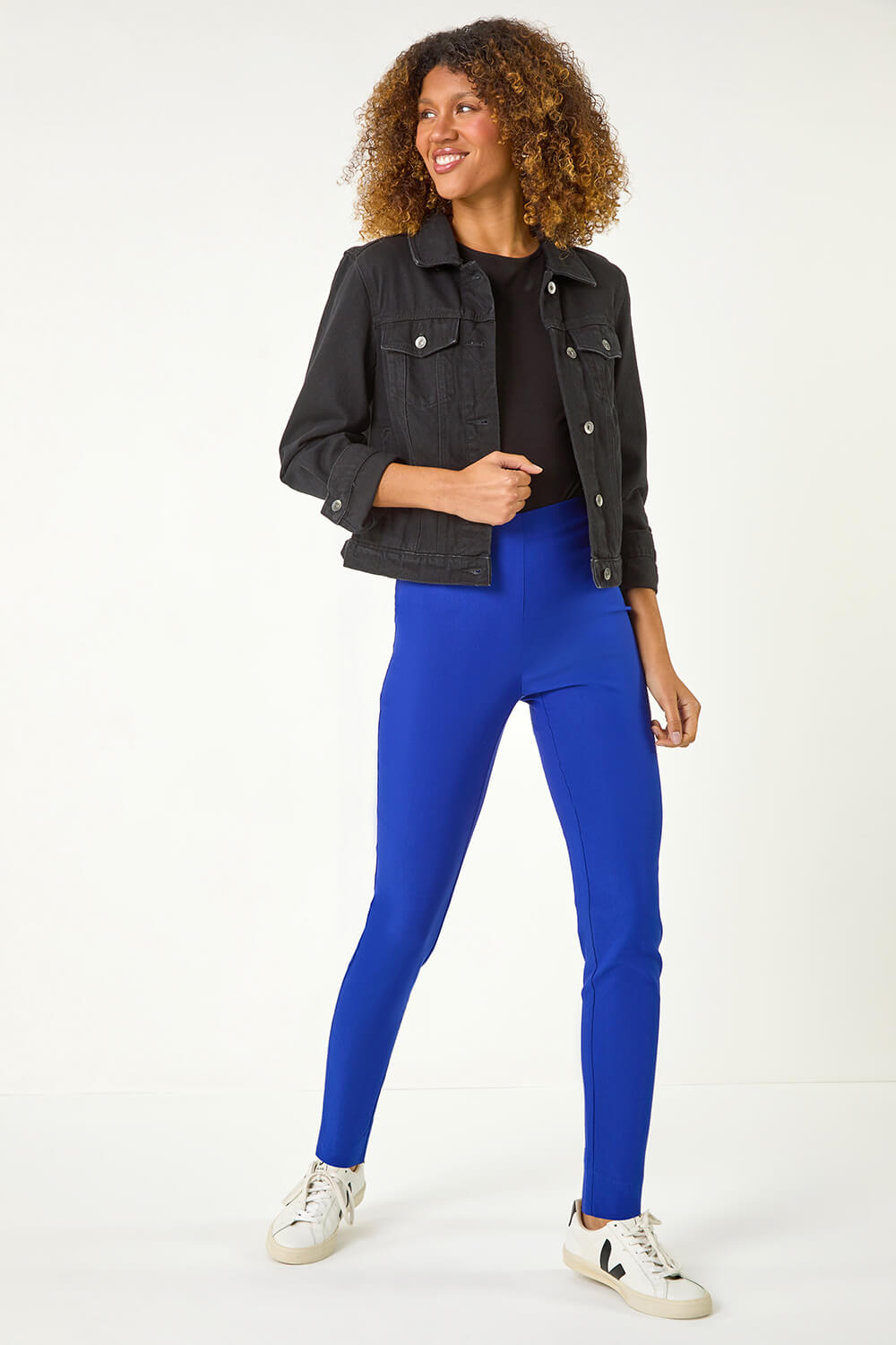 Royal Blue Full Length Elastic Waist Stretch Trousers, Image 3 of 5