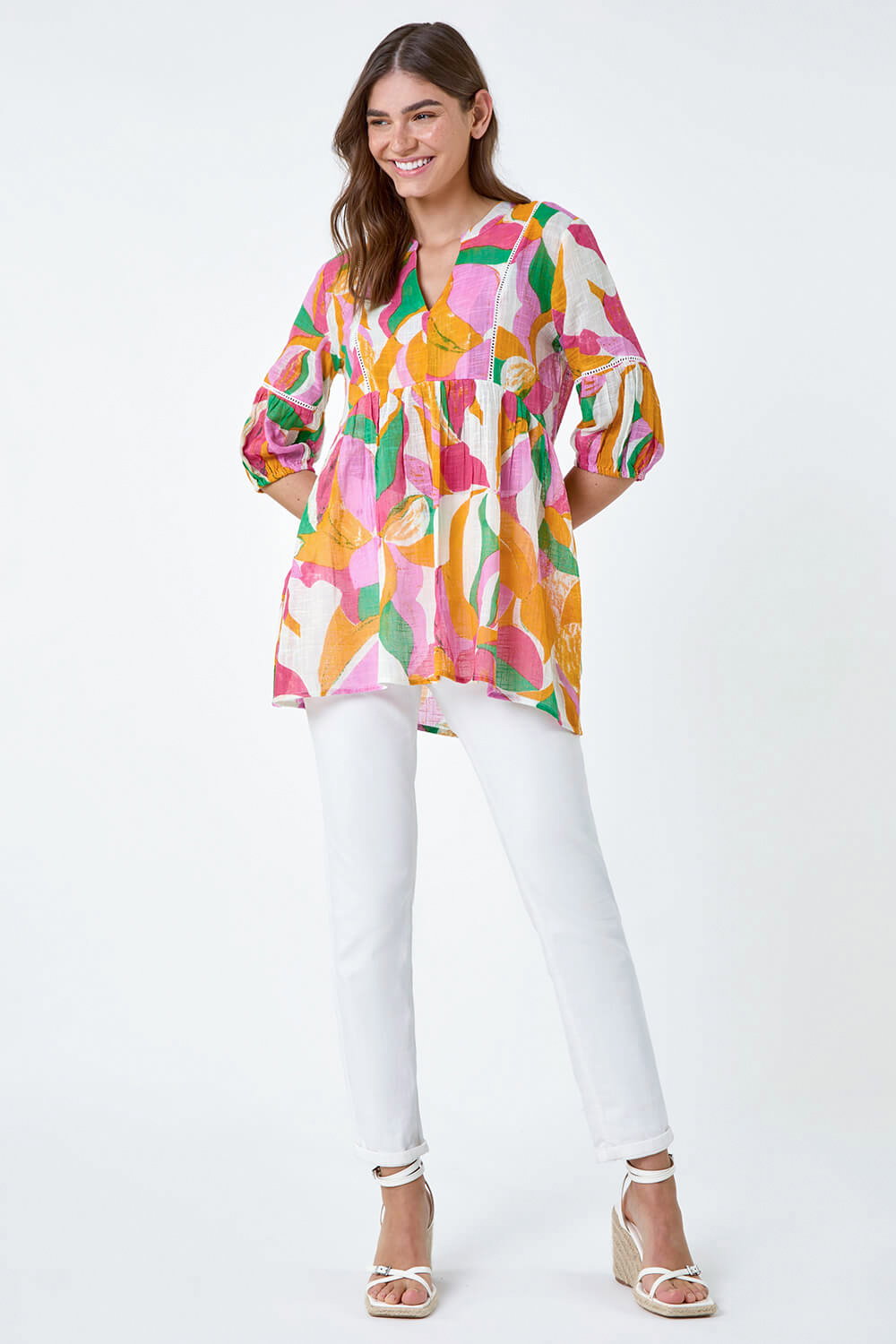 Orange Abstract Ladder Lace Cotton V-Neck Smock Top, Image 3 of 5
