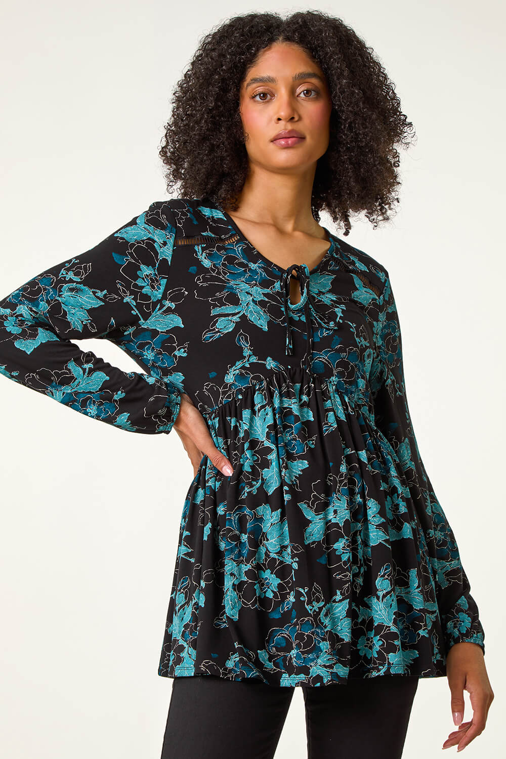 Blue Floral Print Ladder Trim Top, Image 5 of 5