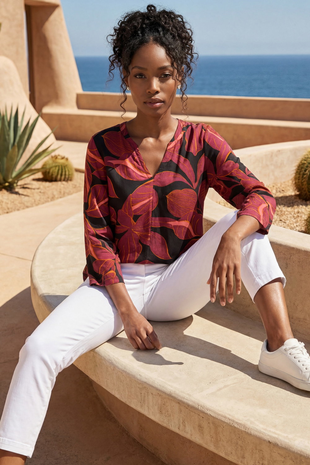 Red Floral V-Neck Stretch Top, Image 3 of 3